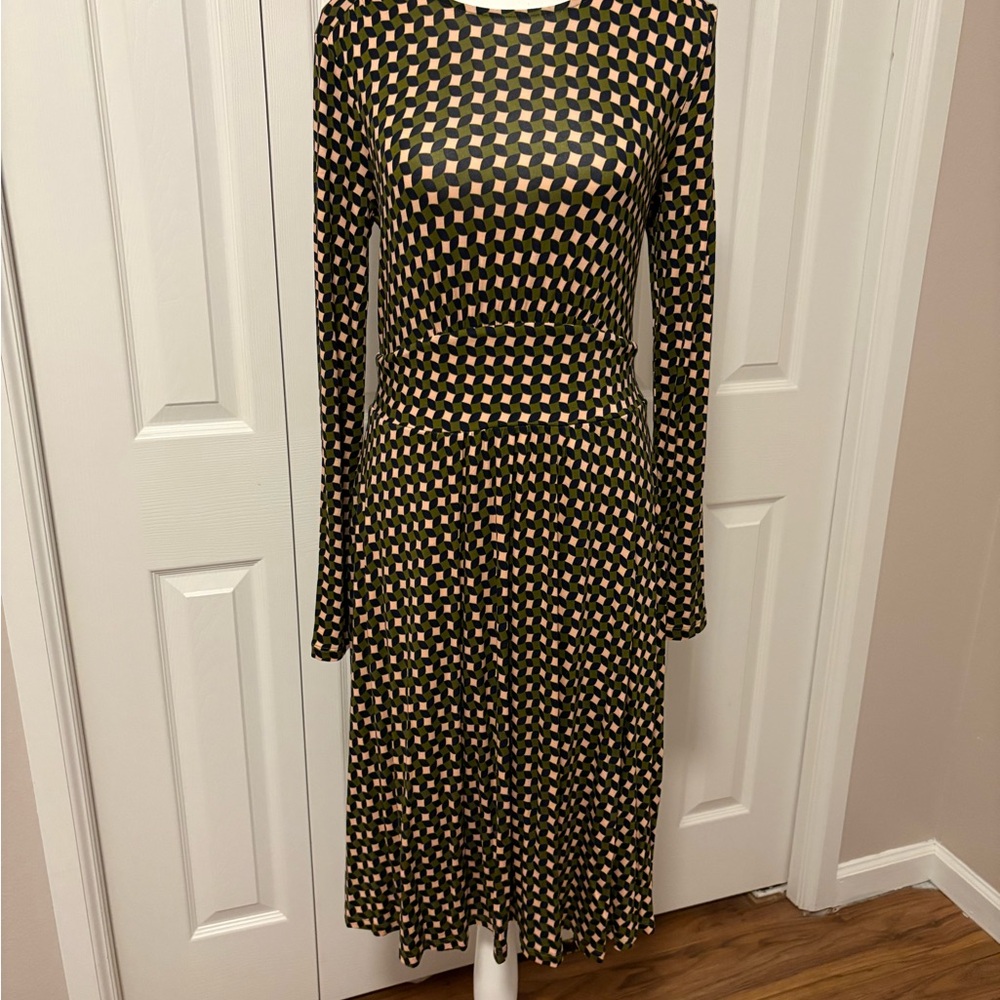 Boden Long Sleeve Dress - Sage Black and Beige/Pink Geometric